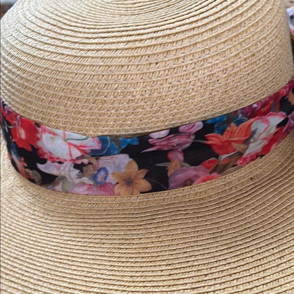 Tan Straw Sun Hat with Wide Brim and Decorative Floral Scarf Band - Picture 8 of 9